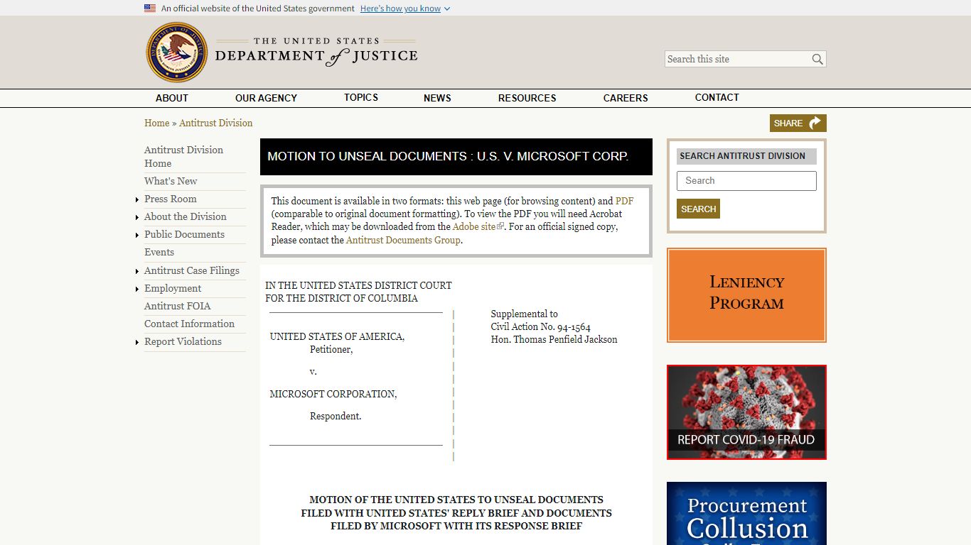 Motion To Unseal Documents : U.S. V. Microsoft Corp.